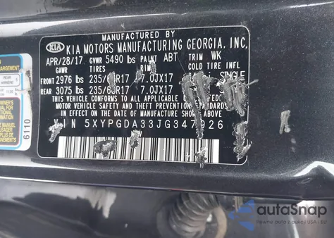 2018 Kia Sorento 2.4L Lx из США, поврежденный, VIN 5XYPGDA33JG347926